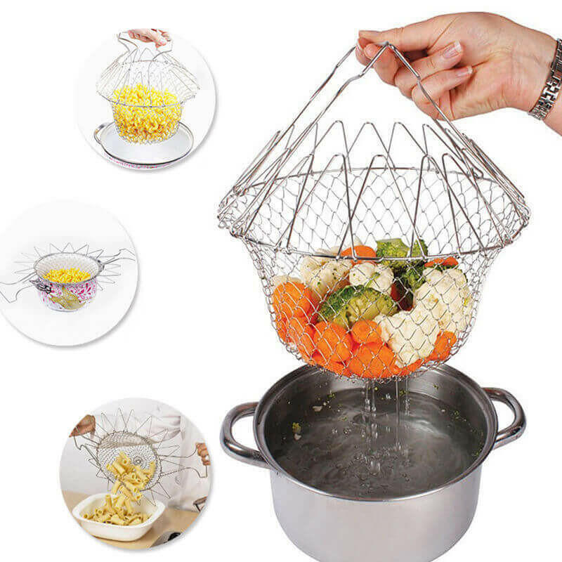 1pcs Foldable Steam Rinse Strain Fry French Chef Basket Magic Basket.