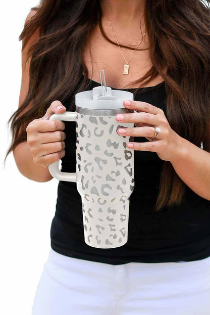 White Leopard Print 40OZ Stainless Steel Portable Cup with Handle.