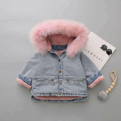 Fleece Toddler Girl Jacket Denim Warm Fur Hoodie Kids Winter.