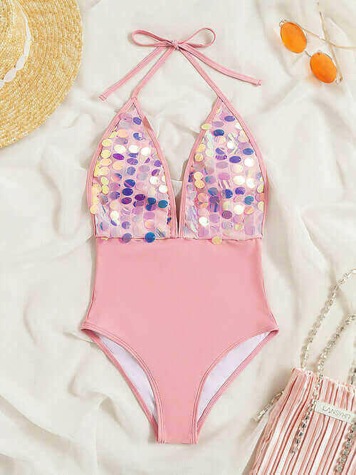 Women Pink Sequin One Piece Swimsuit