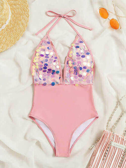 Women Pink Sequin One Piece Swimsuit