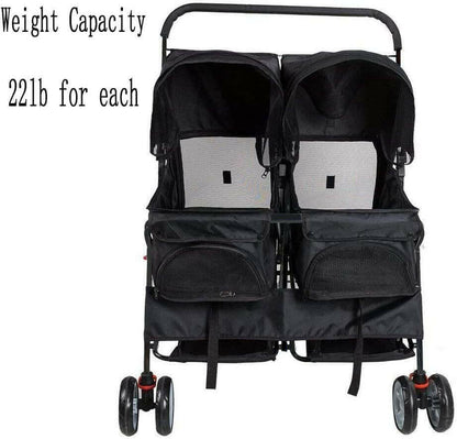 Double Pet Stroller, Foldable Double Dog Stroller for 2 Dogs Cats with 4 Wheels, Twin Walk Jogger Travel Pet Carriage Cart with Storage, Black