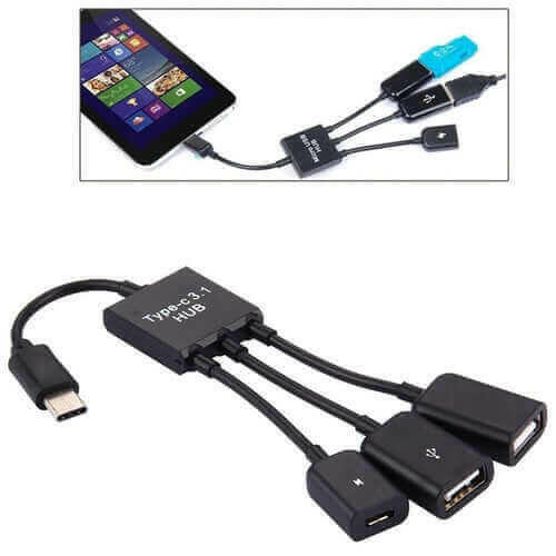 AMZER® 17.8cm 3 Ports USB Type-C 3.1 OTG Charge HUB Cable - Black.