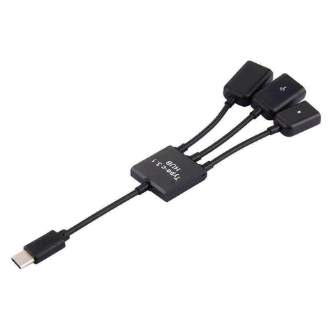 AMZER® 17.8cm 3 Ports USB Type-C 3.1 OTG Charge HUB Cable - Black.