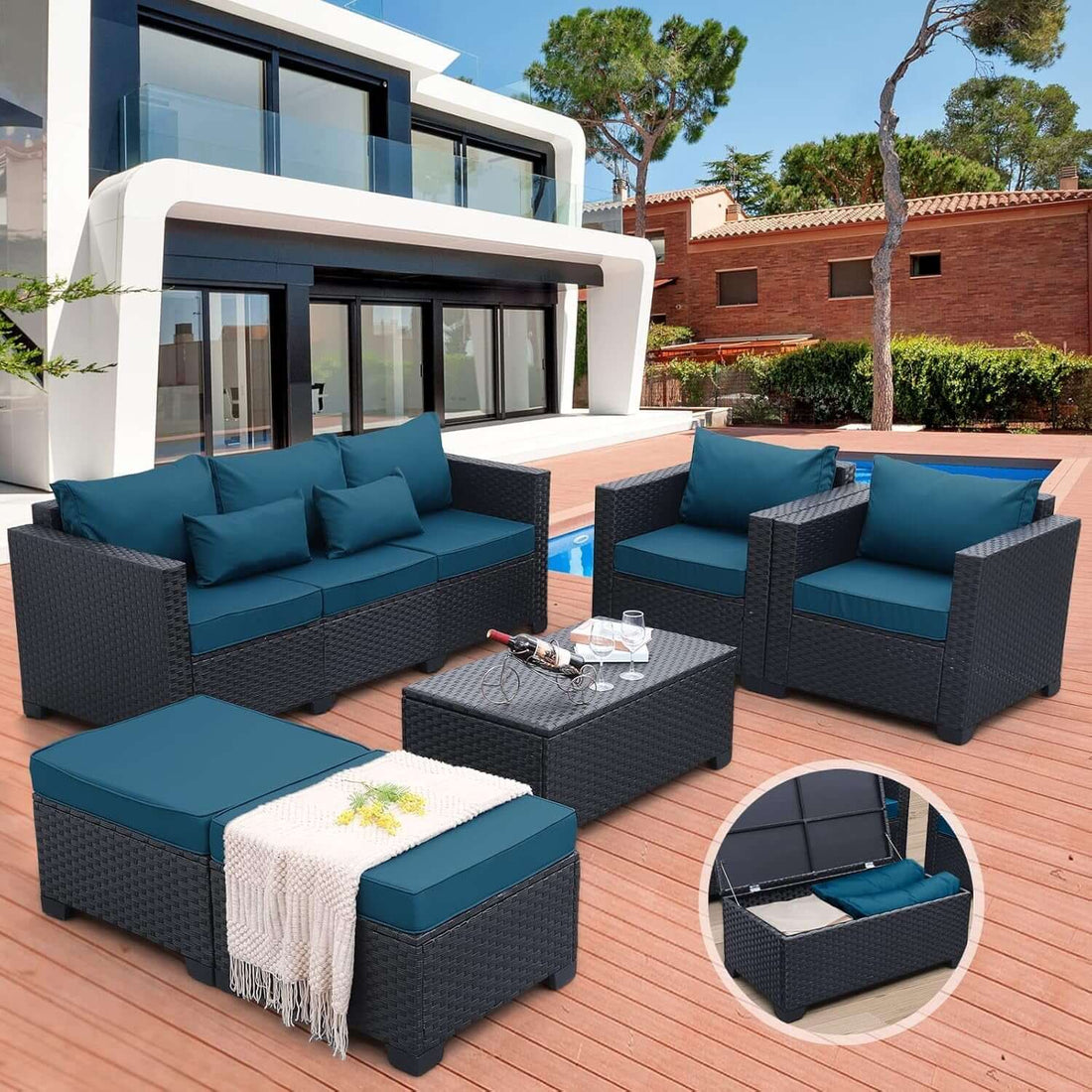 Patio Furniture Set 6 Pieces Peacock Blue Cushions Included