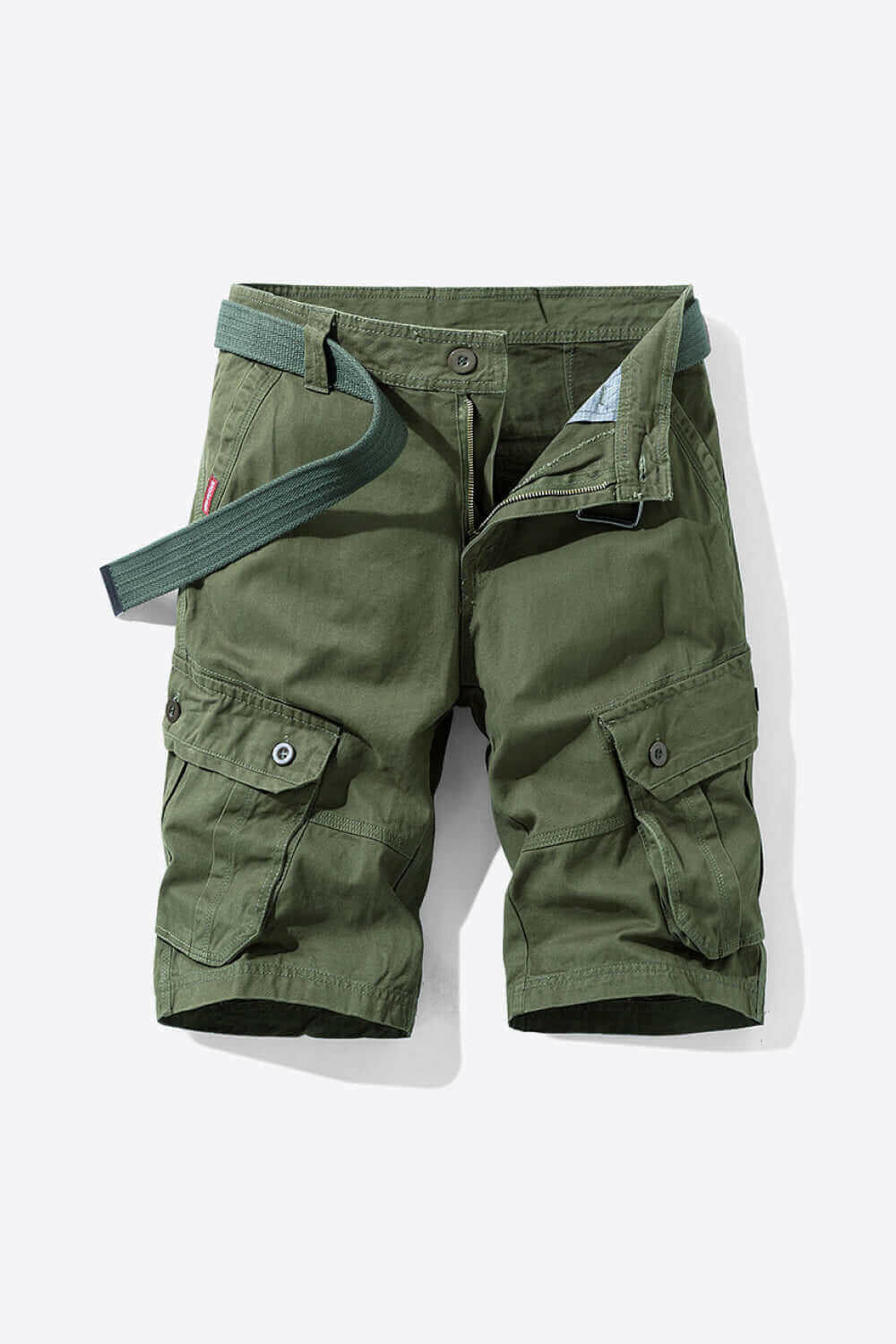 Button and Zip Closure Belted Cargo Shorts