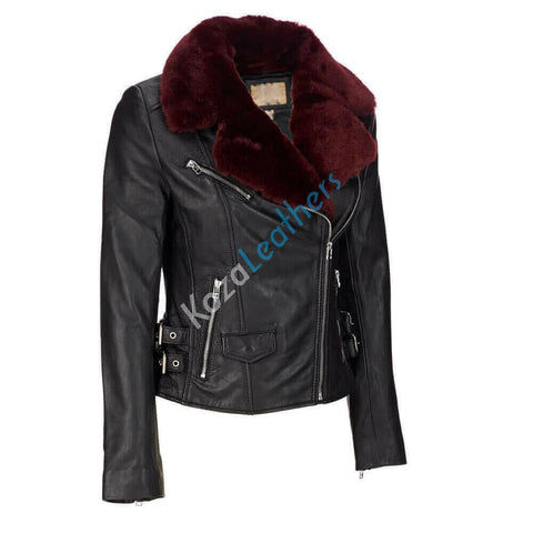 Women Real Lambskin Leather Biker Jacket KW114.