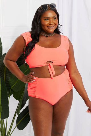 Marina West Swim Sanibel Crop Swim Top and Ruched Bottoms Set in Coral.