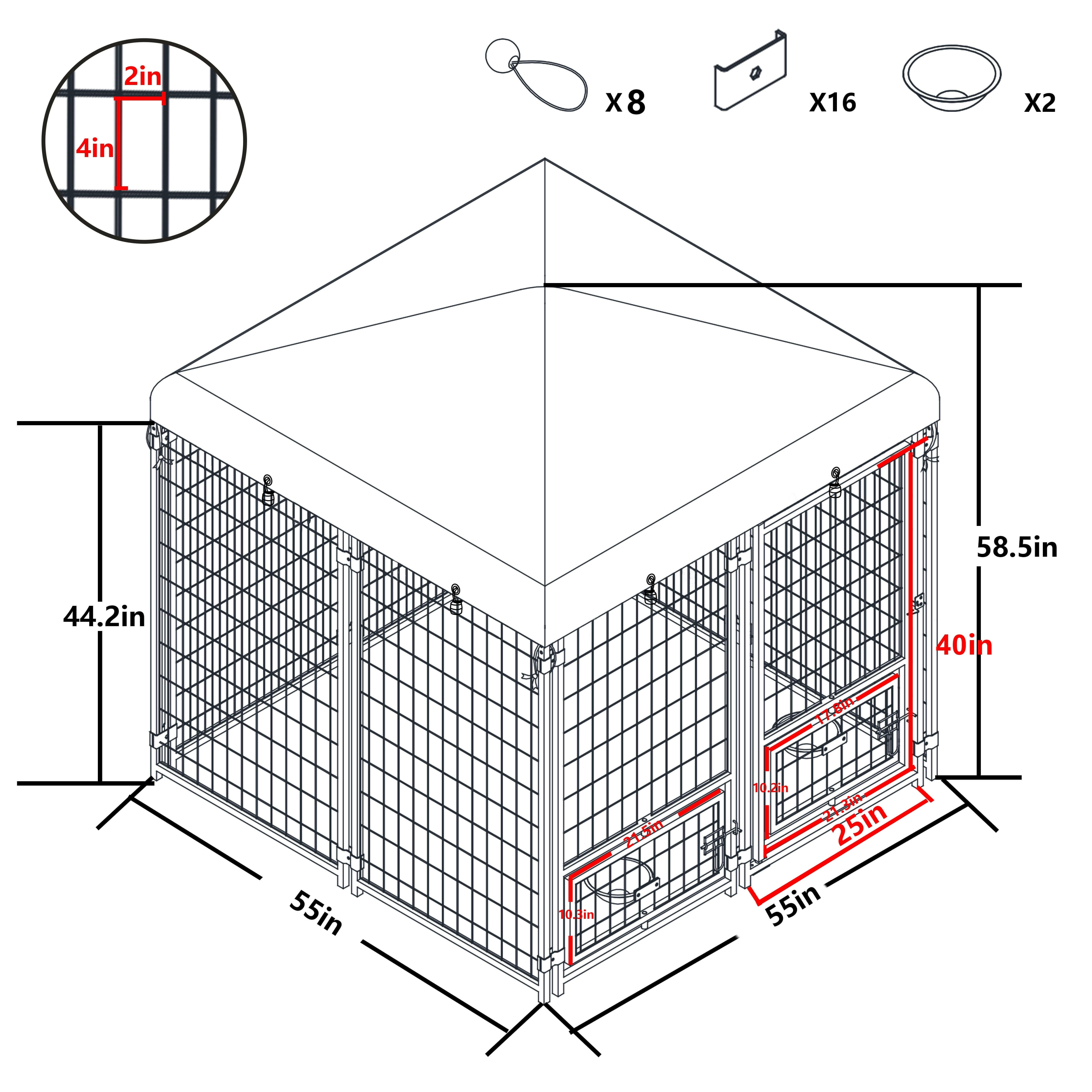 Outdoor Dog Kennel, Metal Large Dog Crates W/Canopy & 2 Rotating Feeding Doors, 4.5' X 4.5' X 4.8'