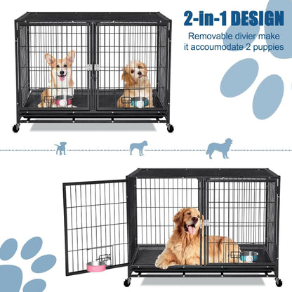 37" Heavy Duty Dog Crate for Large Dogs, 2-In-1 Stackable Dog Kennels and Metal Wire Cages with Wheels,Sturdy Locks Design, Feeding Bowls,Leak-Proof Pan,Double Door and Removable Tray Design