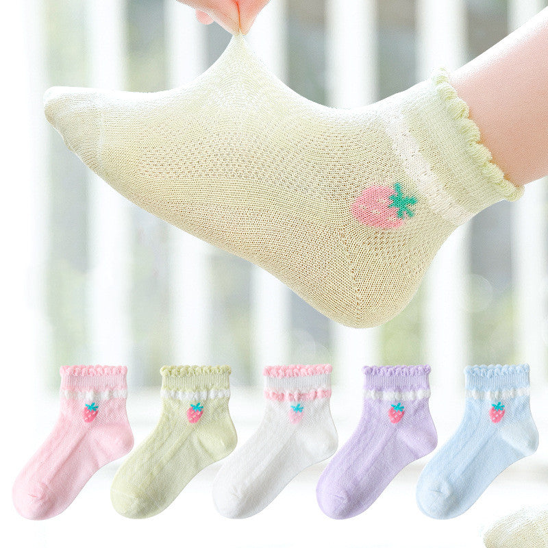 Lightweight Breathable Lace Cotton Strawberry Socks for Kids