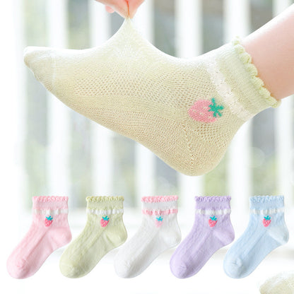 Lightweight Breathable Lace Cotton Strawberry Socks for Kids