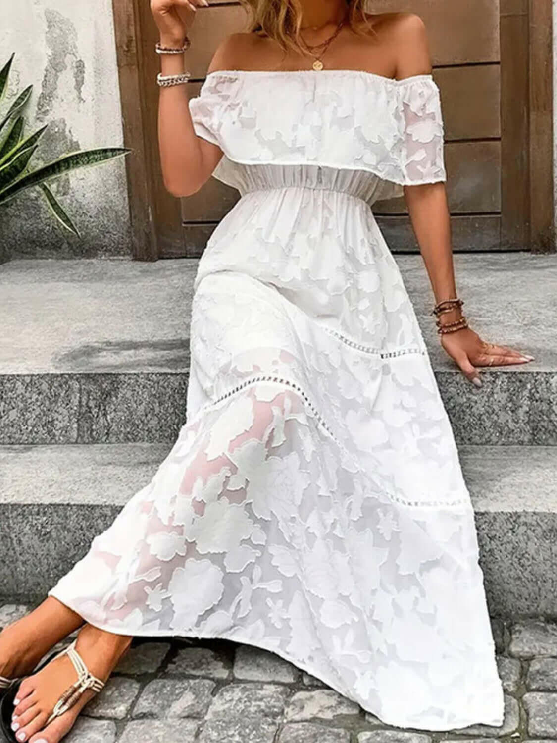 Off-Shoulder Short Sleeve Maxi Dress.