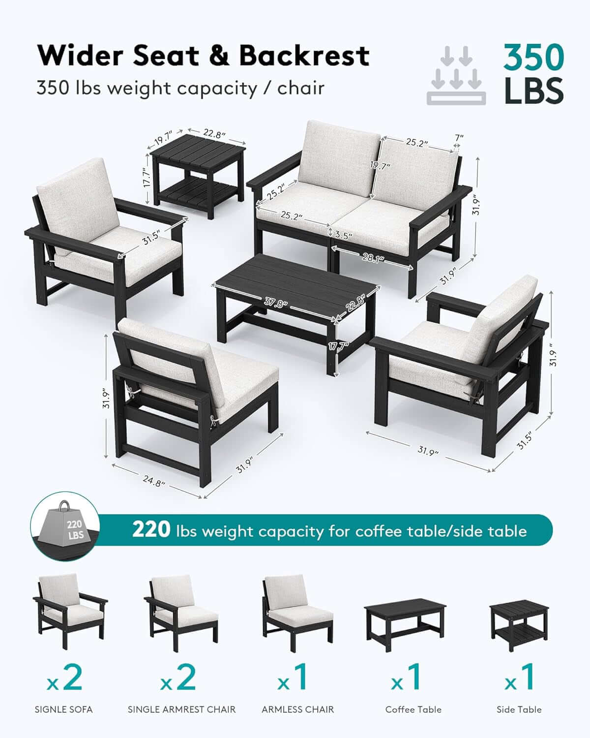 HDPE Outdoor Patio Furniture Set 7 Piece All Weather