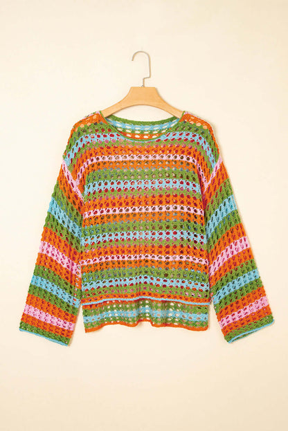 Stripe Open-Knit Beach Cover-Up Sweater