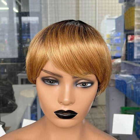 6inch #Burg Pixie Short Cut 100% Straight Human Hair Wig with Bangs Br.