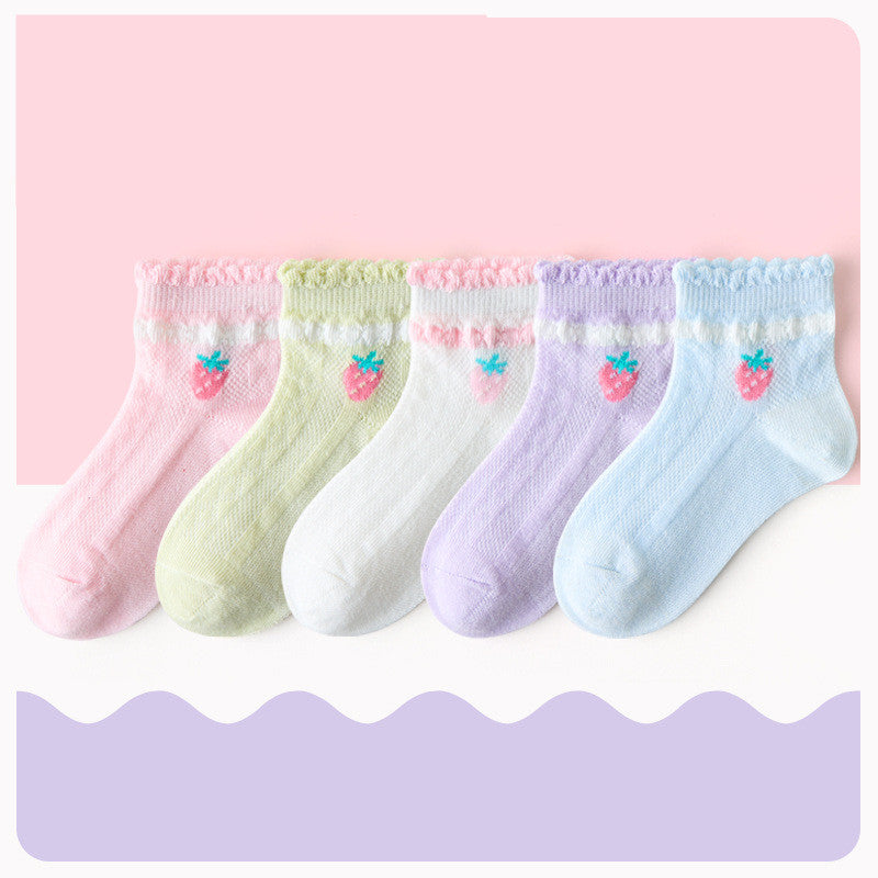 Lightweight Breathable Lace Cotton Strawberry Socks for Kids
