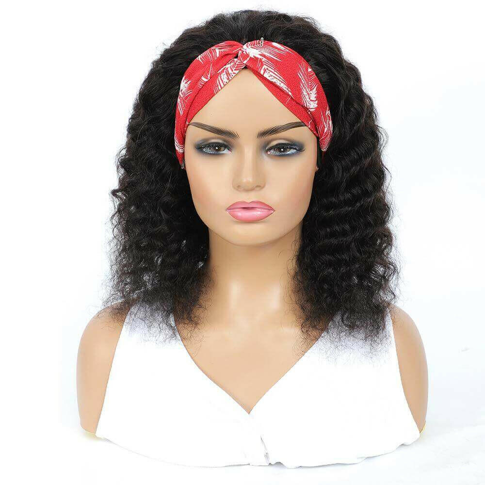 Headband Wig Deep Wave Human Hair Scarf Wig No GLUE Easy Wear.