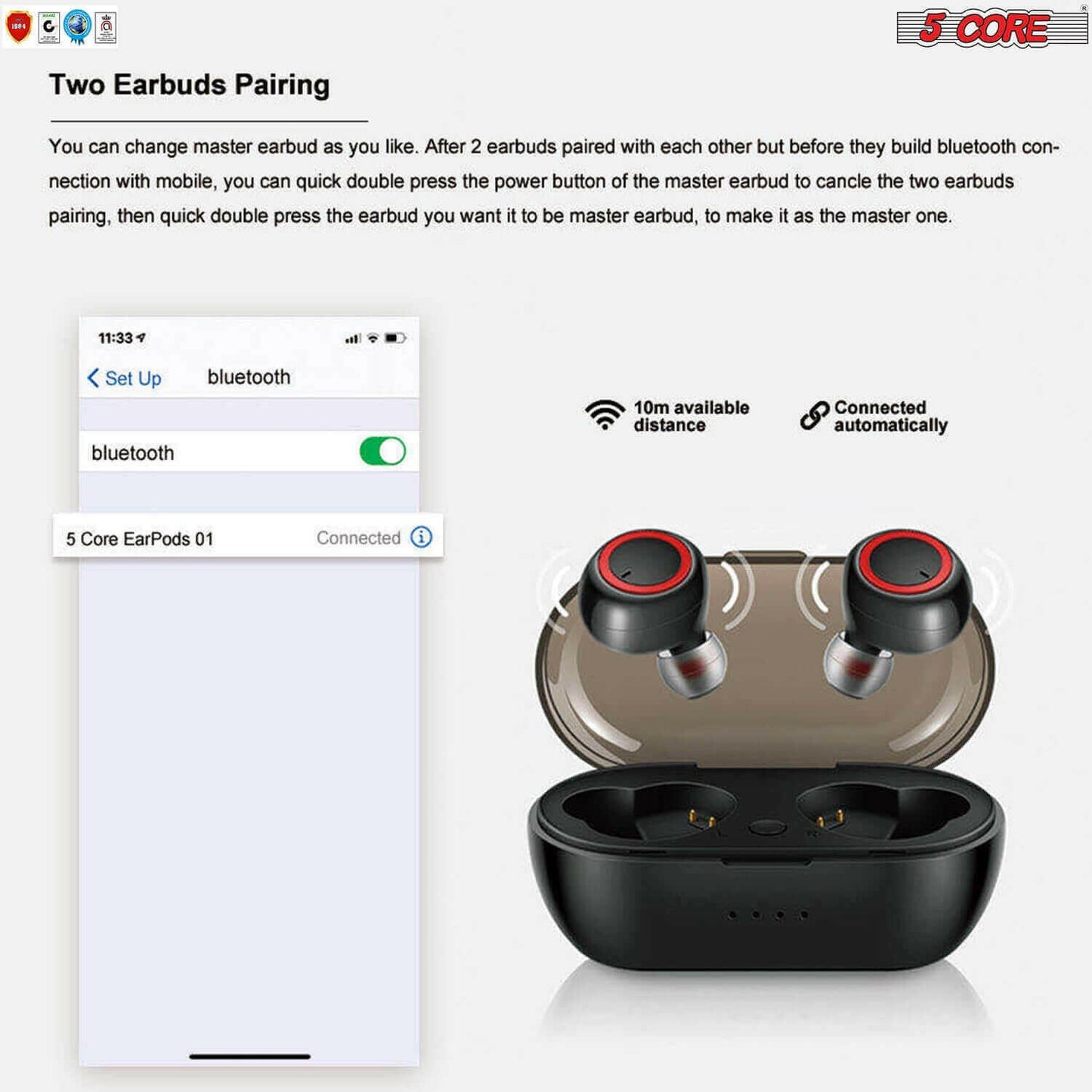 5 CORE Wireless Earbuds Bluetooth 5.0 in Ear Light-Weight Headphones.