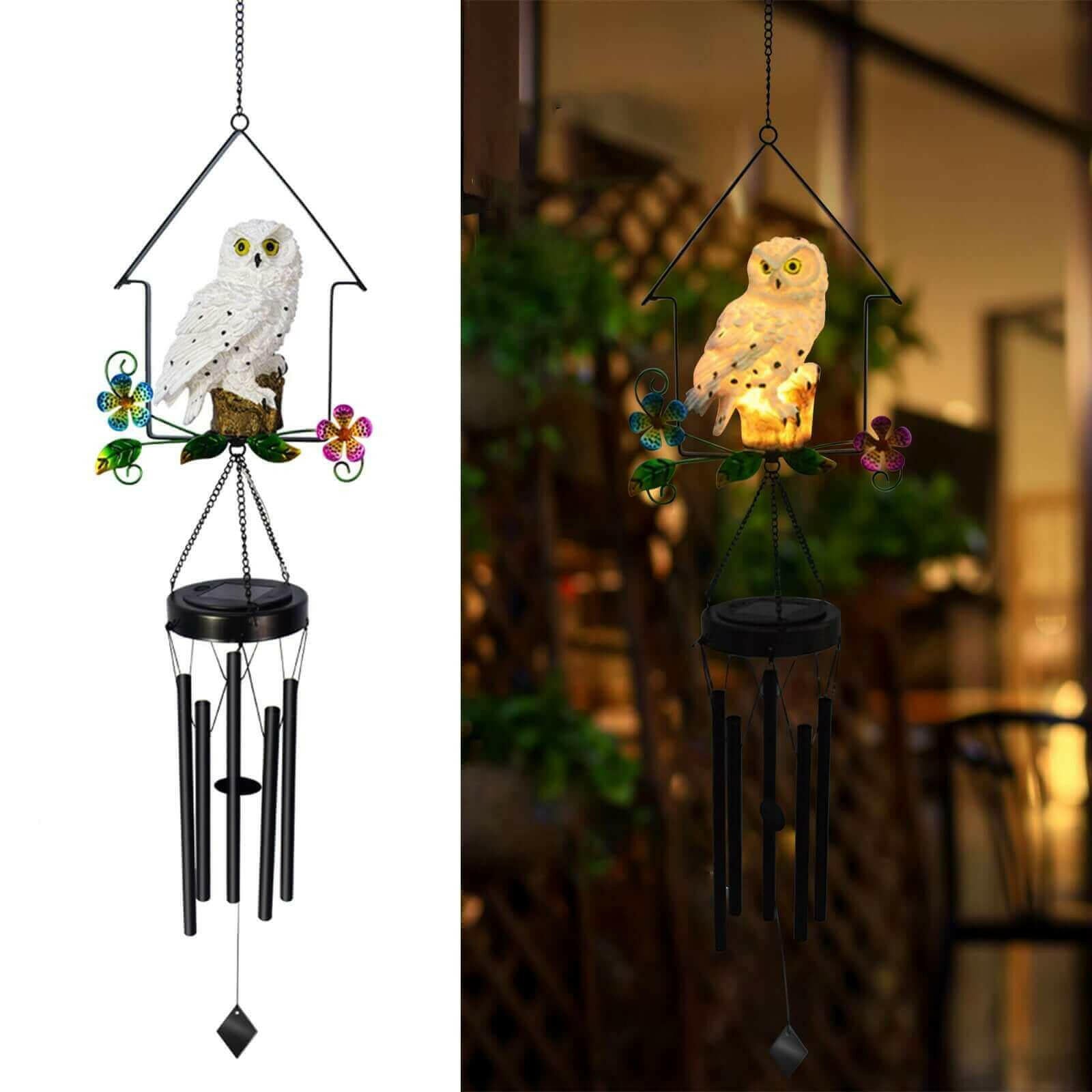 Solar Owl Wind Chime Light Outdoor LED Bird Sculpture Hanging Lamp.