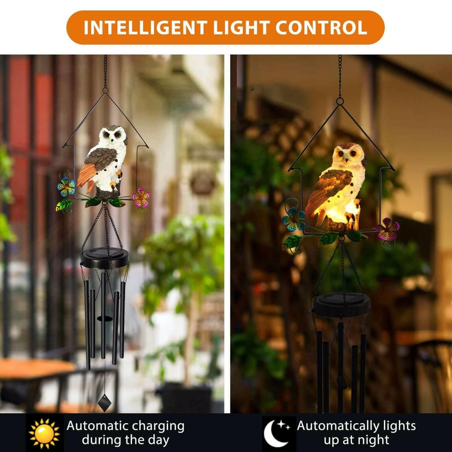 Solar Owl Wind Chime Light Outdoor LED Bird Sculpture Hanging Lamp.