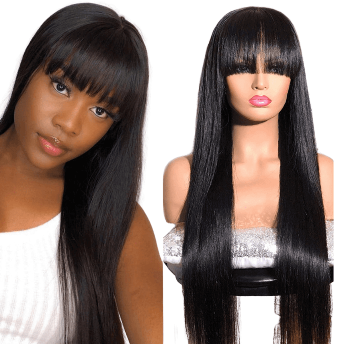 Straight Human Hair Wigs With Bangs Full Machine Made Brazilian Human.