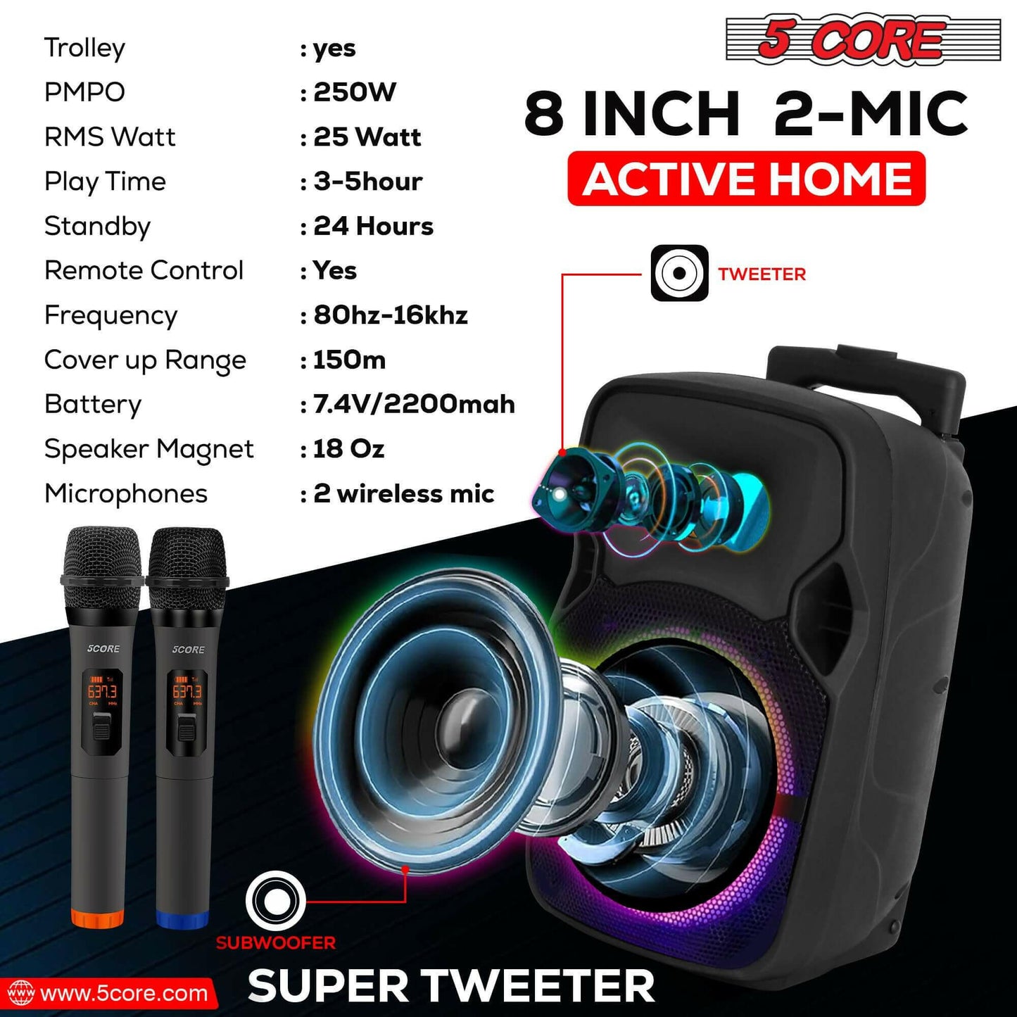 5Core Party Speaker Portable PA System 2 Wireless Mic Bluetooth Loud.