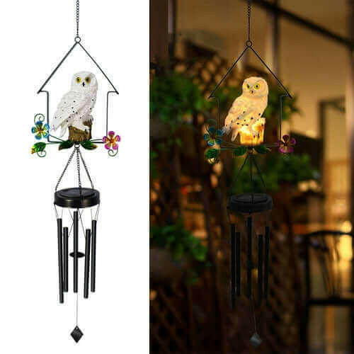 Solar Owl Wind Chime Light Outdoor LED Bird Sculpture Hanging Lamp.