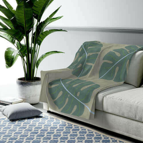 Abstract Leaves Green Plush Blanket Throw.