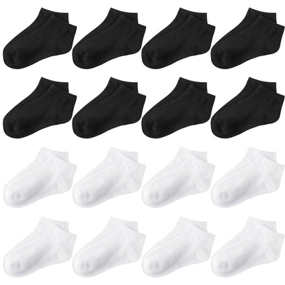 Glooarm 16 Pairs Boys Socks Kids Girls Socks Toddler Low Cut Athletic Ankle Socks Half Cushion Socks for Boys Girls Black White 12-24 Months
