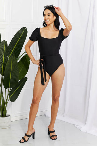 Marina West Swim Salty Air Puff Sleeve One-Piece in Black.