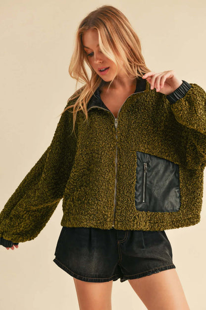 Aemi + Co Collared Neck Zip Up Sherpa Jacket