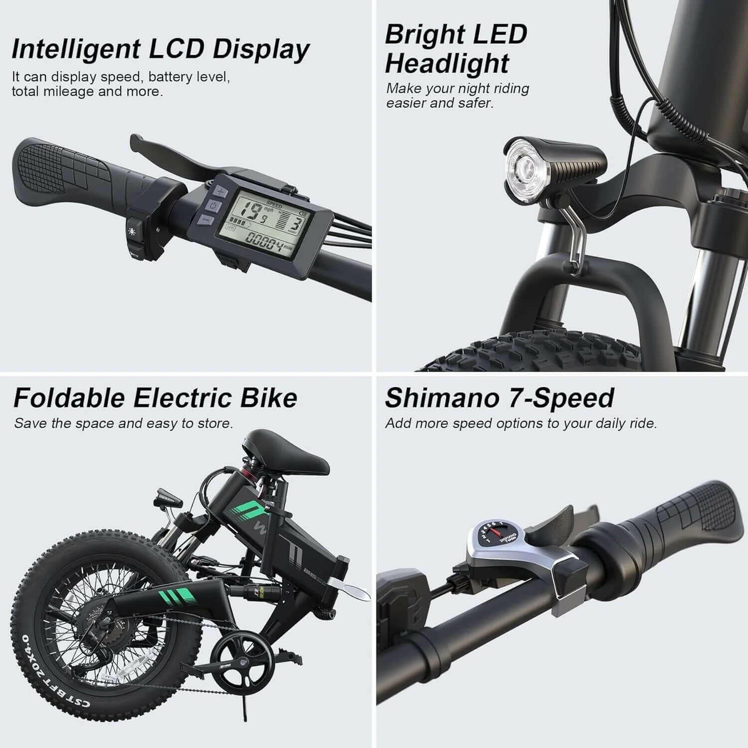 20&quot;X4.0 Fat Tire Electric Bike for Adults, 500W Foldable Electric Bicycle with 48V 10Ah Built-In Battery, Shimano 7 Speed, Dual Shock Absorber
