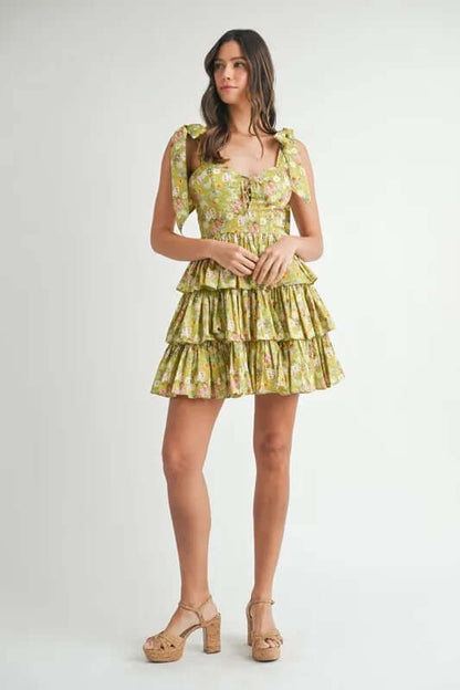 MABLE Floral Print Shoulder Tie Layered Mini Dress