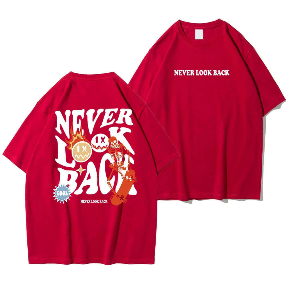 Never Look Back Creative Smile Skull Printing Cartoons Street Print Tshirt Man Loose Tee Clothes Cotton Crewneck Tops T-Shirt