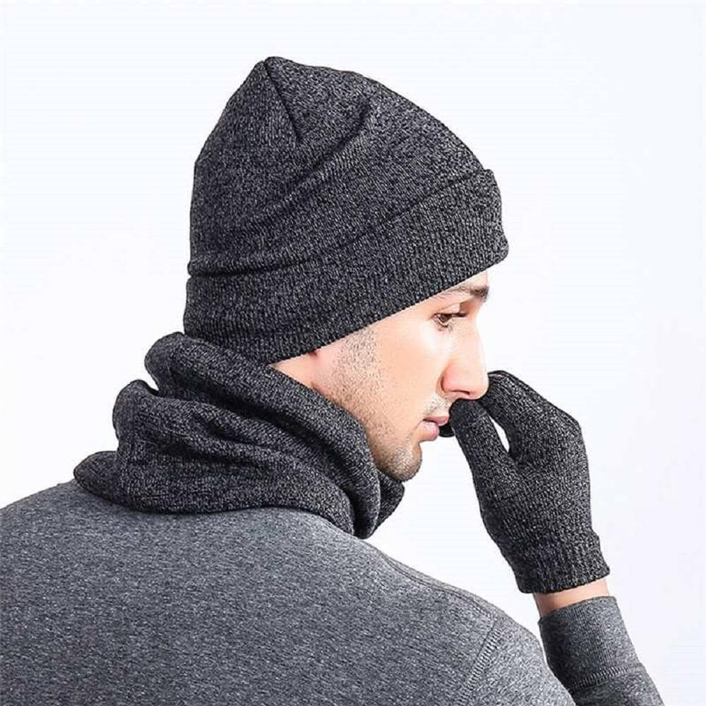 Mens Winter Beanie Hat And Neck Scarf Warmer Touch Screen Gloves Set