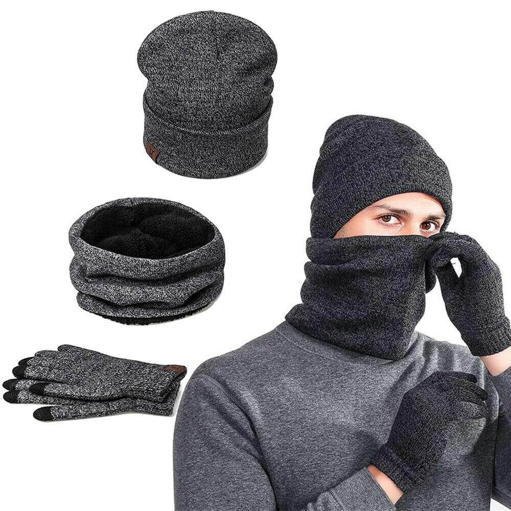 Mens Winter Beanie Hat And Neck Scarf Warmer Touch Screen Gloves Set