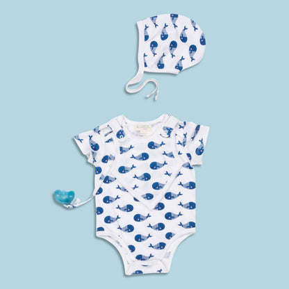 Smart Short Sleeve Baby Bodysuit + Bib - Blue Whale