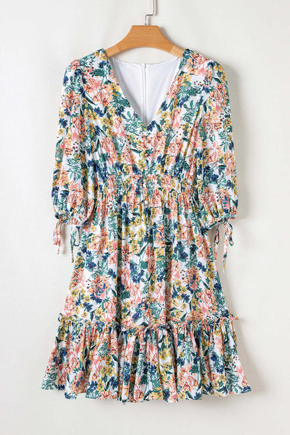 Floral 3/4 Sleeve V-Neck High Waist Ruffle Dress