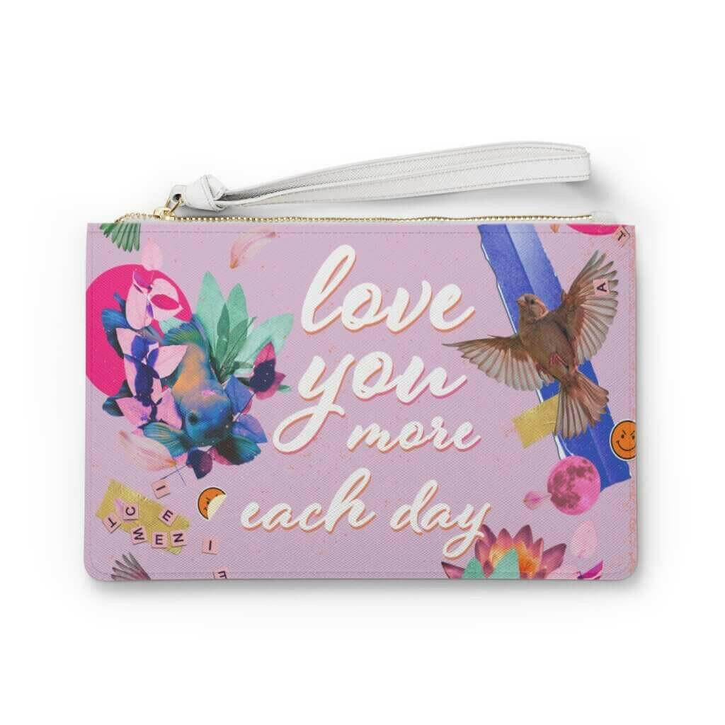 Love You More Each Day Floral Designed Zipped Clutch Bag.