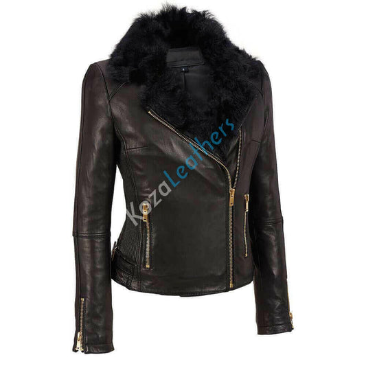 Women Real Lambskin Leather Biker Jacket KW124.