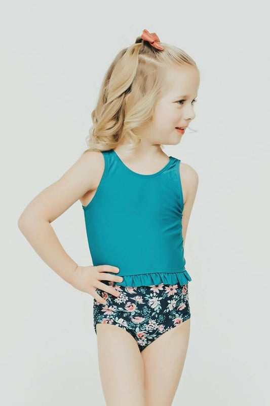 Janela Bay Dark Teal Little Ruffle Swim Top.