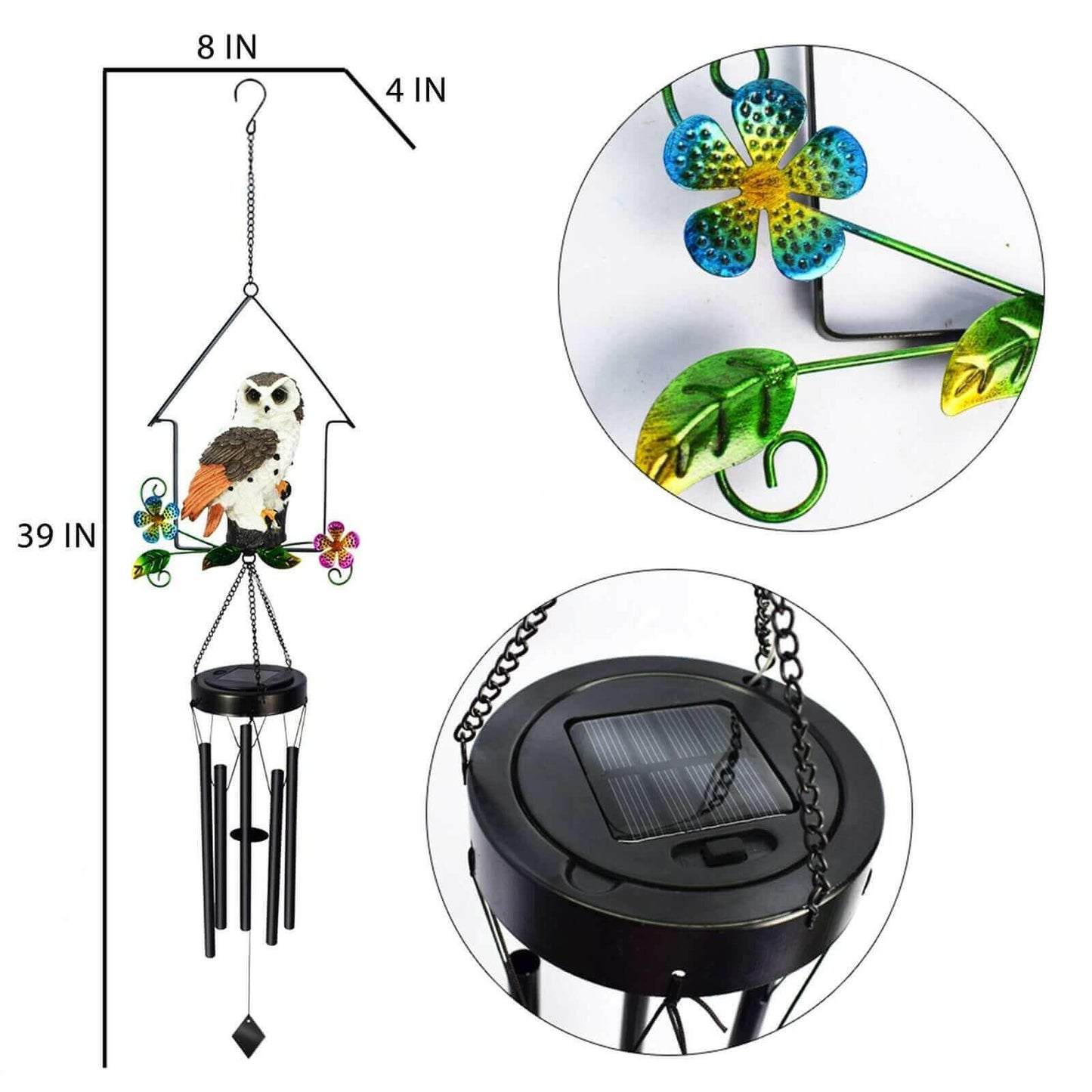 Solar Owl Wind Chime Light Outdoor LED Bird Sculpture Hanging Lamp.