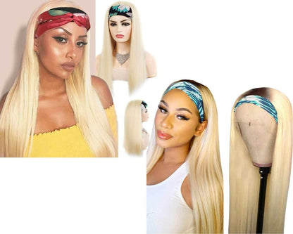 Straight 1B/613 Headband Human Hair Wigs For Black Women Blonde Scarf.