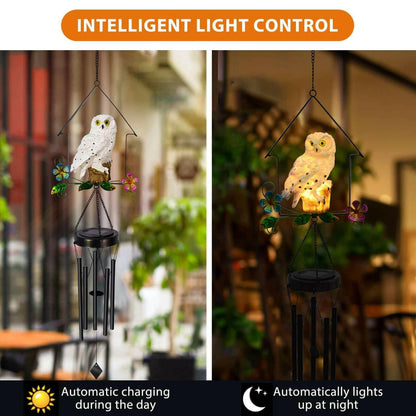 Solar Owl Wind Chime Light Outdoor LED Bird Sculpture Hanging Lamp.