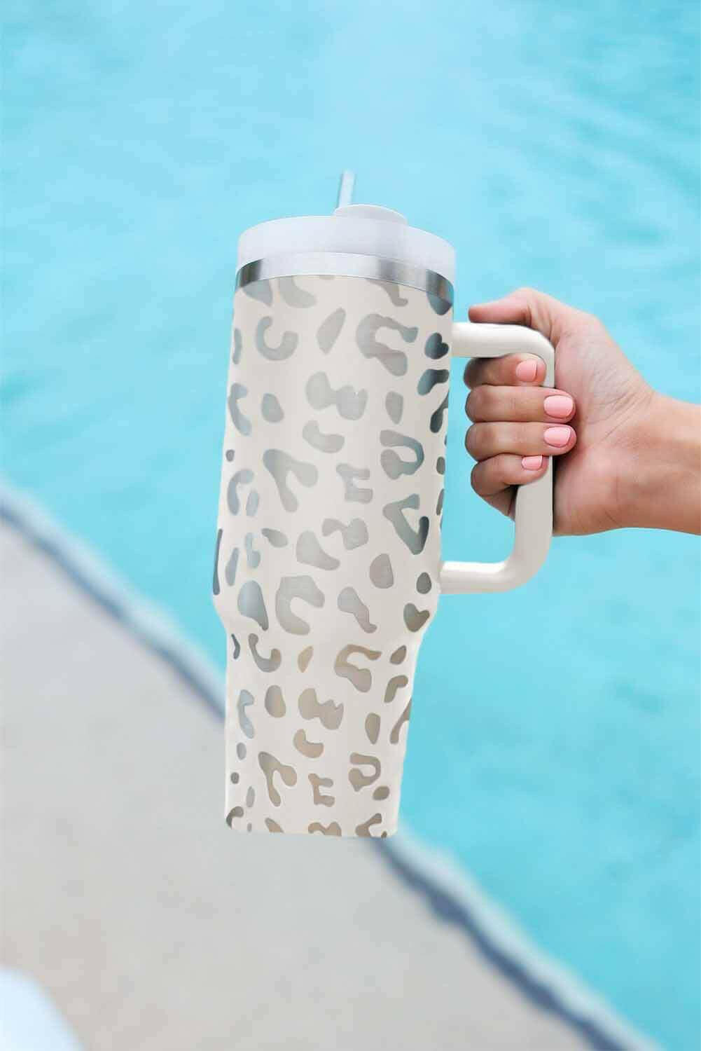 White Leopard Print 40OZ Stainless Steel Portable Cup with Handle.