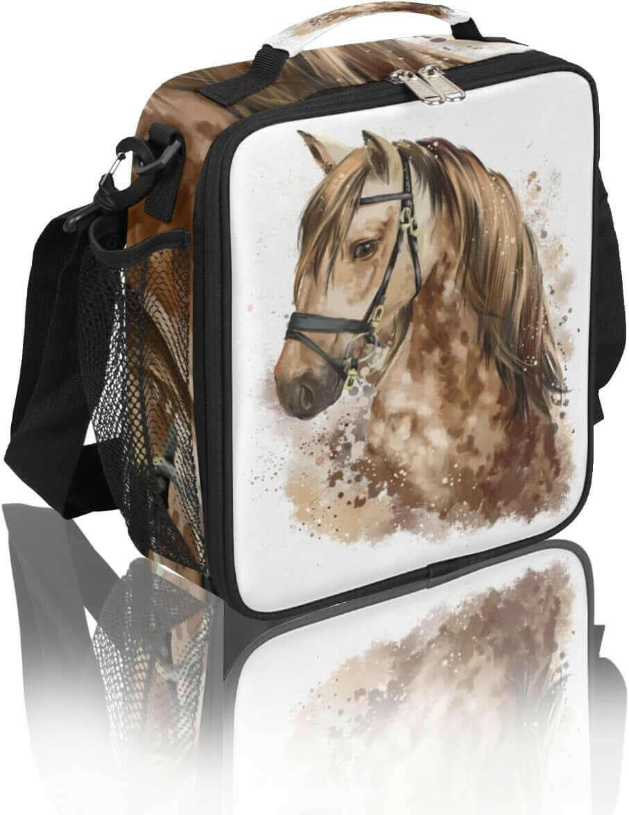 Horse Lunch Bag for Girls, Watercolor Animal Horse Lunch Box Reusable Insulated Leakproof Lunch Bag for Kids Thermal Cooler Lunch Tote with Removable Shoulder Strap for Elementary Daycare Picnic