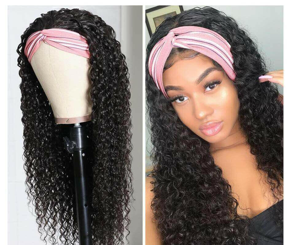 Headband Wig Jerry Curl Human Hair Scarf Wig No GLUE Easy Wear.