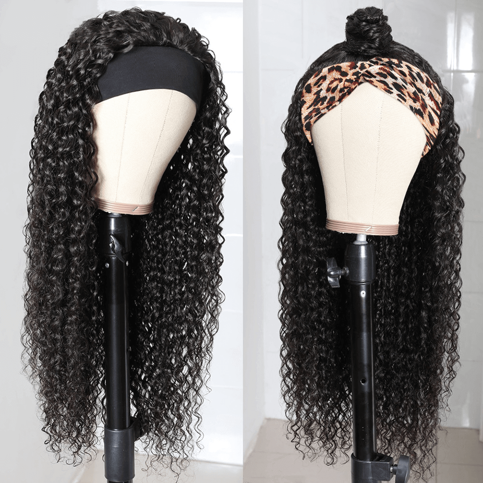 Headband Wig Jerry Curl Human Hair Scarf Wig No GLUE Easy Wear.