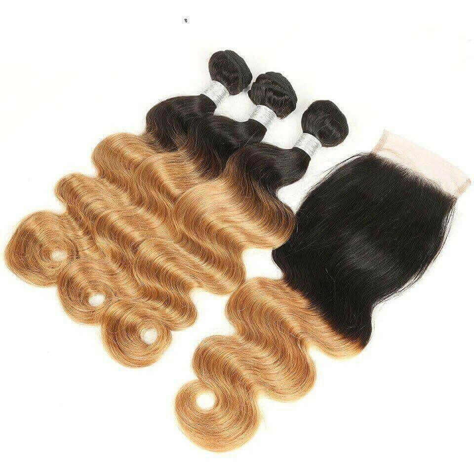 #27 Body Wave 10A Grade #1B/27 Hair BUNDLES with 4x4 CLOSURES & 13x4 F.